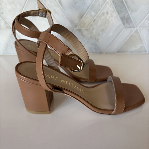 Stuart Weitzman Heeled Sandal with Strap Buckle Tan Brown Nearly Bare New 5.5 B - Picture 5 of 9
